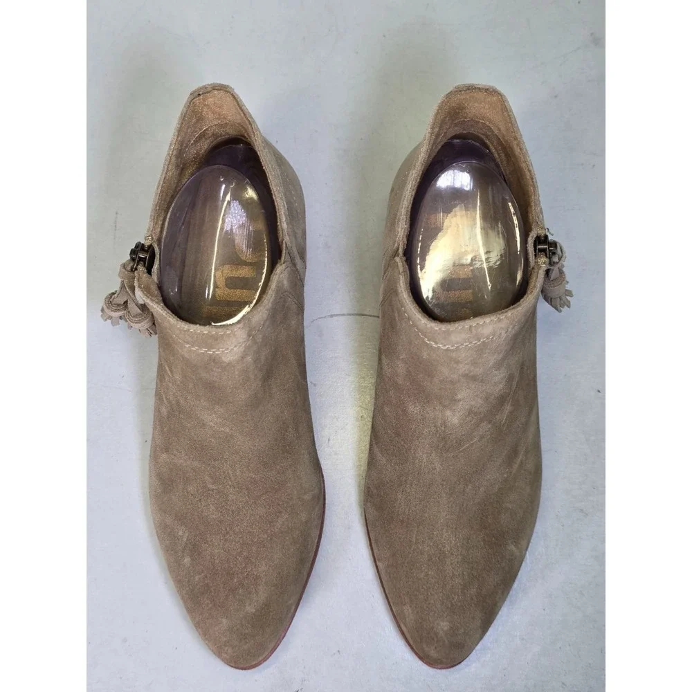 Hush Puppies Women's Ankle Boots Size 8 Brown Beige Suede Shoes Heel Zip Tassel‎
